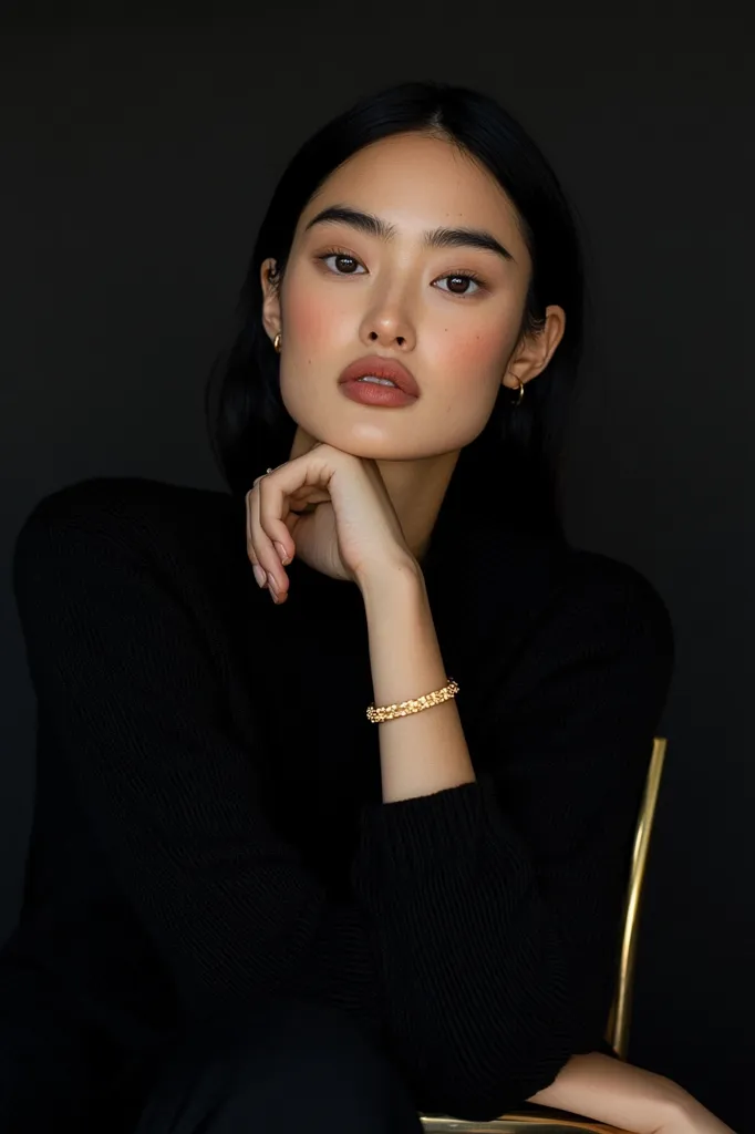 A young woman with dark hair and subtly applied makeup rests her chin on her hand. She's wearing a simple black sweater and gold jewelry: a bracelet on her right wrist and small hoops in her ears. The background is a solid, dark backdrop, which contrasts with her fair skin and the gold accents. Her expression is calm and serene, conveying a sense of quiet confidence. The overall image is elegant and minimalist.
