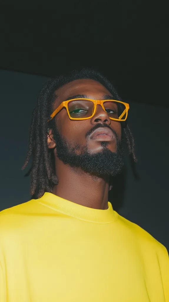 Close-up portrait of a young Black man with long, dark dreadlocks. He's wearing a vibrant yellow crewneck sweatshirt and rectangular, amber-colored glasses.  His expression is serious, almost pensive, and his gaze is directed slightly off-camera. The background is dark and indistinct, focusing attention on the subject. His facial hair is a well-groomed beard and mustache. The overall image is stylish and moody.