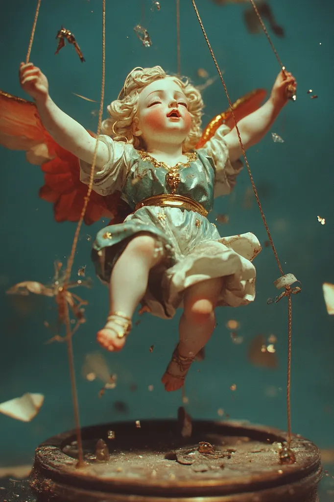 A cherubic angel figurine, adorned in a teal dress and gold accents, hangs suspended from strings against a teal backdrop.  Its wings are outstretched, and the angel's face is serene, eyes closed in apparent repose.  The scene is slightly surreal, with glittering debris scattered around the figurine, suggesting a broken or damaged ornament, possibly from a music box or similar item, as indicated by the circular base below. The overall mood is melancholic yet ethereal.