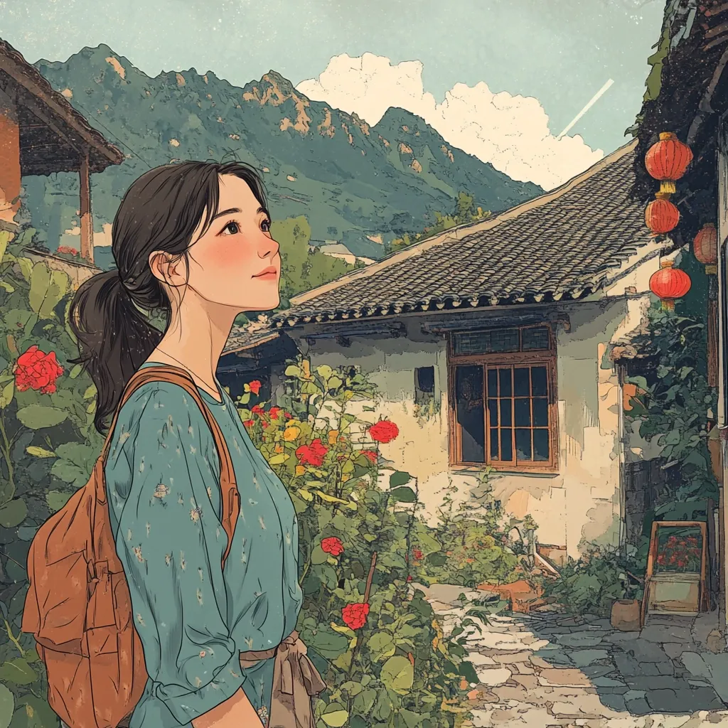 The illustration depicts a young woman with dark hair tied back in a ponytail, gazing upward. She stands in a quaint, flower-lined alleyway of a traditional Asian village.  The houses are aged and charming, with terracotta roofs.  Mountains rise in the background, creating a serene and picturesque scene. The woman carries a brown backpack, suggesting travel or exploration. Red lanterns hang from a building, adding a touch of vibrant color. The overall style is soft, detailed, and evocative of a peaceful moment.