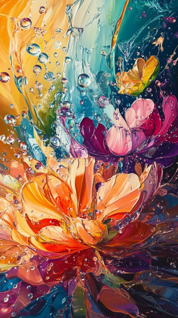 Here's a description of the image:

The artwork is an abstract expression of flowers, rendered in vibrant, impasto style.  Rich hues of orange, red, purple, and teal dominate the canvas.  Thick layers of paint create a three-dimensional texture, with visible brushstrokes suggesting movement and fluidity.  Numerous translucent bubbles are interspersed throughout the piece, adding a sense of dynamism and suggesting water or air. The overall effect is one of explosive energy and captivating color.