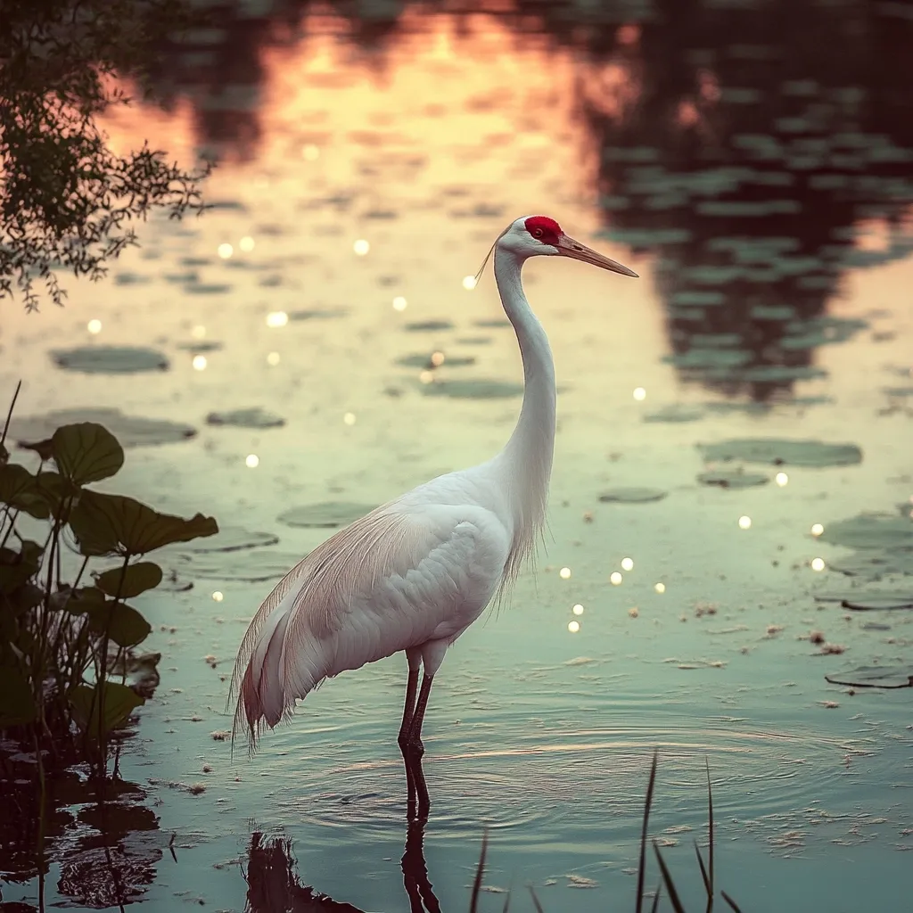 A whooping crane, its white plumage pristine against a backdrop of a tranquil pond at sunset.  The water reflects the warm, orange hues of the setting sun, creating a shimmering effect.  Lily pads dot the surface, and aquatic vegetation frames the scene. The crane's distinctive red crown is clearly visible, and it stands elegantly in the shallows. The overall atmosphere is serene and peaceful.