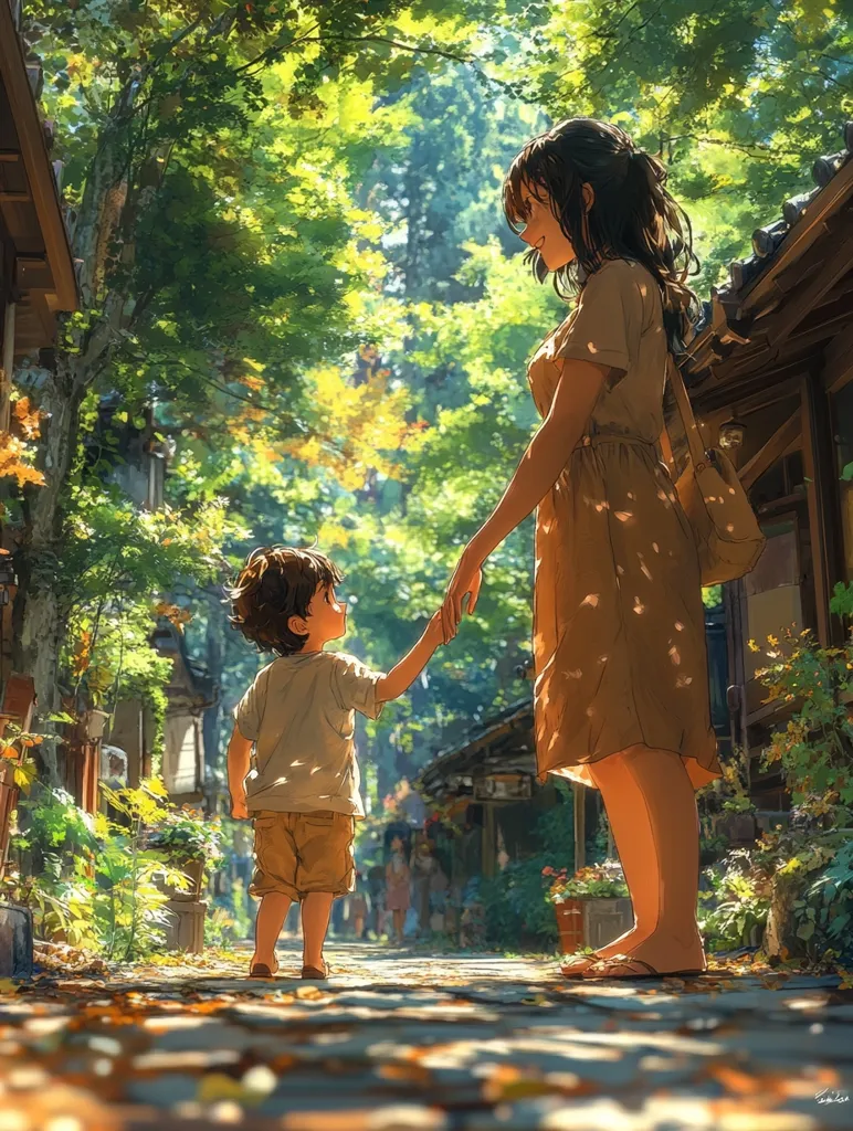 An anime-style illustration depicts a young mother and child walking hand-in-hand down a sun-dappled path.  The path is lined with traditional Japanese-style buildings and lush greenery.  Warm sunlight filters through the leaves, casting dappled shadows on the woman's beige dress and the child's light clothing.  The scene evokes a feeling of peaceful family connection in a charming, idyllic setting.  Other figures are visible in the background, blurred, adding depth to the image.
