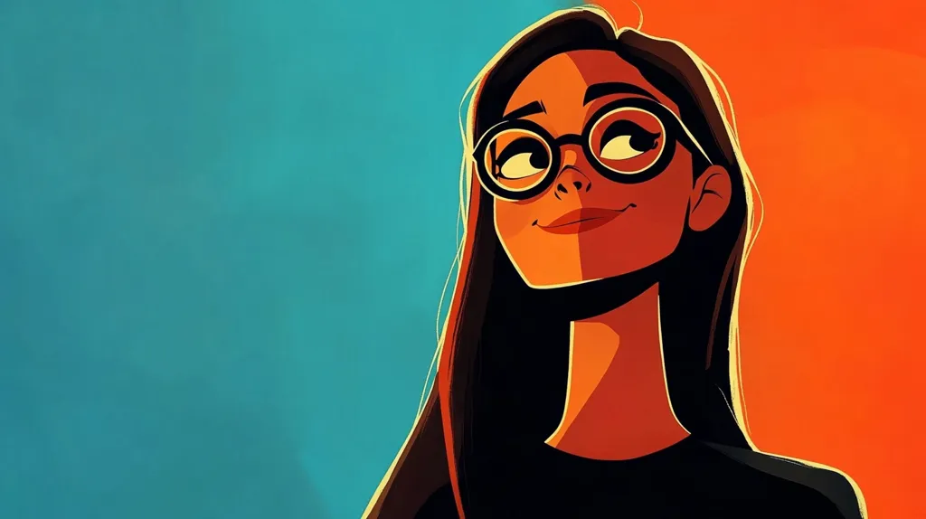 Here's a description of the image:

The illustration showcases a stylized portrait of a young woman with long, dark brown hair, wearing round, black-rimmed glasses.  Her skin is a rich, warm tone, and she's depicted with a subtle, pleasant expression, gazing upwards.  The background is split diagonally; a teal blue on the left and a vibrant orange on the right, creating a bold contrast against her dark hair and clothing.  The style is graphic and minimalist, with sharp lines and blocks of color that emphasize the subject's features and create a modern, artistic effect.