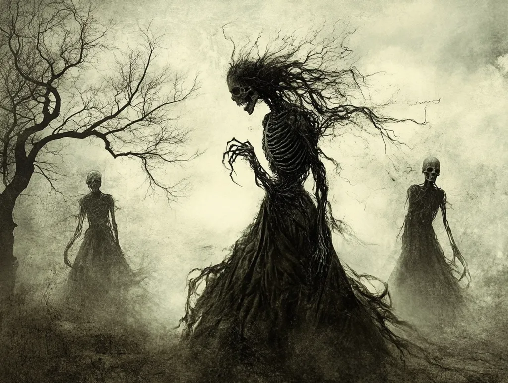A haunting grayscale artwork depicts three skeletal figures shrouded in darkness.  A central, dominant figure, resembling a woman in a tattered gown, is composed of exposed bones and gnarled, root-like appendages. Two smaller, similar figures flank her, creating a sense of ominous procession.  The scene is set against a bleak landscape featuring a bare, skeletal tree, adding to the overall atmosphere of despair and decay.  A misty fog enhances the surreal and unsettling quality of the image.