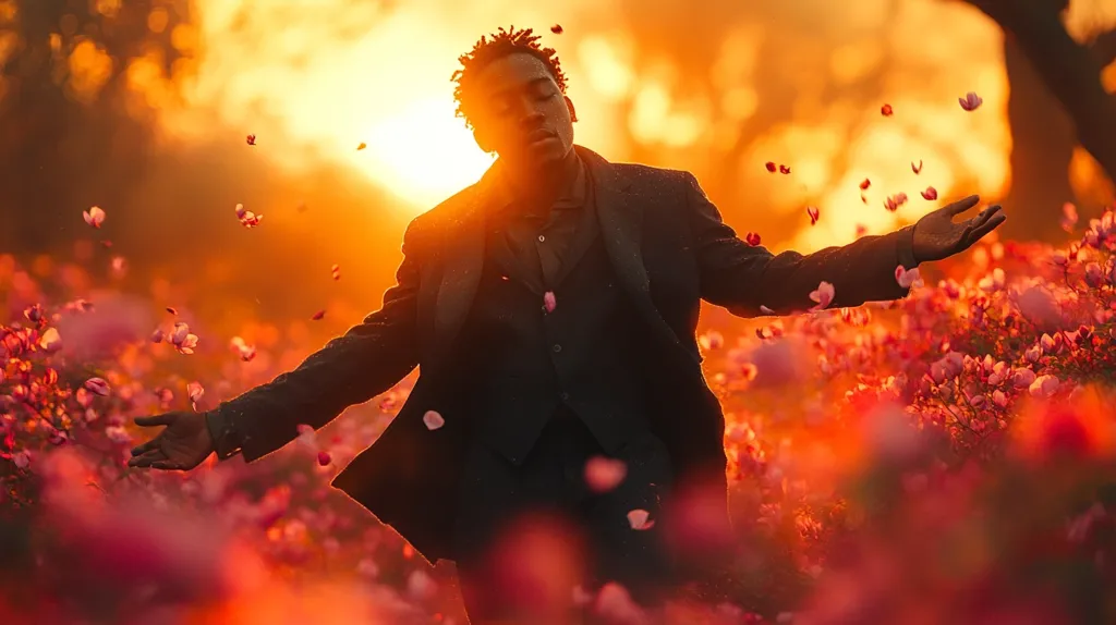 Here's a description of the image:

A young Black man, dressed in a dark suit, stands amidst a field of vibrant, reddish-pink flowers.  The setting sun casts a warm, golden glow, creating a hazy, almost ethereal atmosphere.  Petals drift down around him as he stands with arms outstretched, eyes closed, seemingly lost in peaceful contemplation. The overall mood is serene and evocative, suggesting themes of freedom, tranquility, and connection with nature.