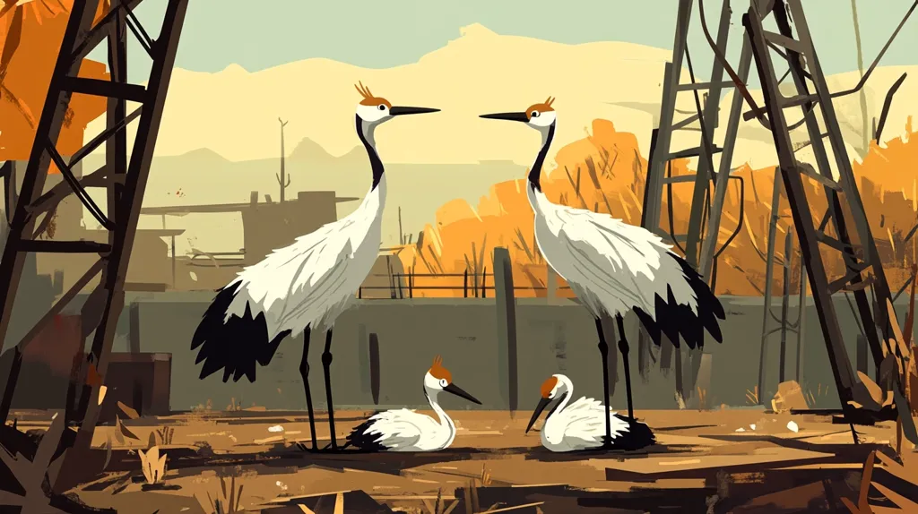 Here's a description of the image:

The illustration depicts two adult red-crowned cranes facing each other, their elegant forms contrasting sharply with a desolate, post-industrial backdrop.  Two smaller cranes, presumably chicks, nestle between them. The background is a palette of muted oranges and browns, featuring dilapidated metal structures, suggesting a scene of decay or abandonment. The cranes, with their distinct white and black plumage, stand out vividly against this muted landscape. The overall style is stylized and slightly painterly, emphasizing the contrast between nature's grace and the harshness of the environment.