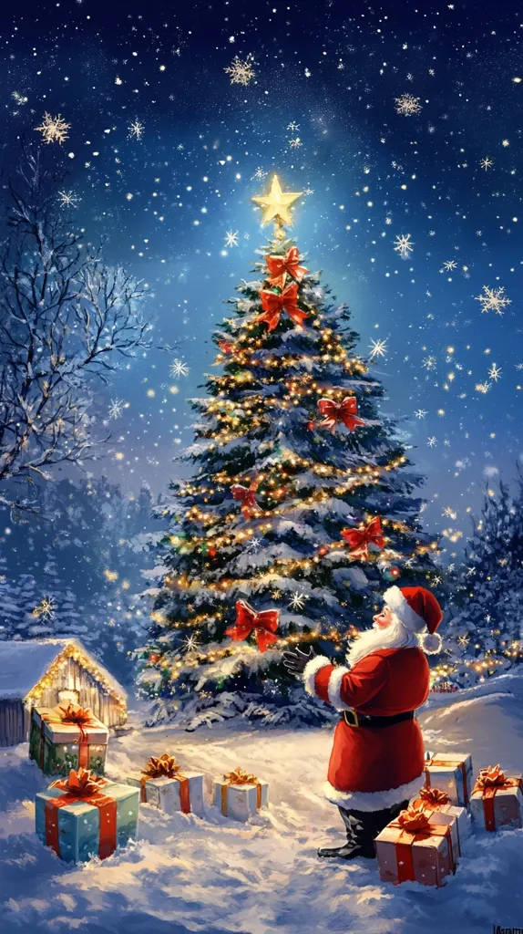 A beautifully illustrated Christmas scene depicts Santa Claus standing before a large, snow-covered Christmas tree adorned with lights and red bows.  Snow gently falls under a twinkling night sky filled with snowflakes.  Wrapped presents sit on the snow-covered ground near a small, illuminated cabin. The overall mood is one of peaceful Christmas magic and wonder.