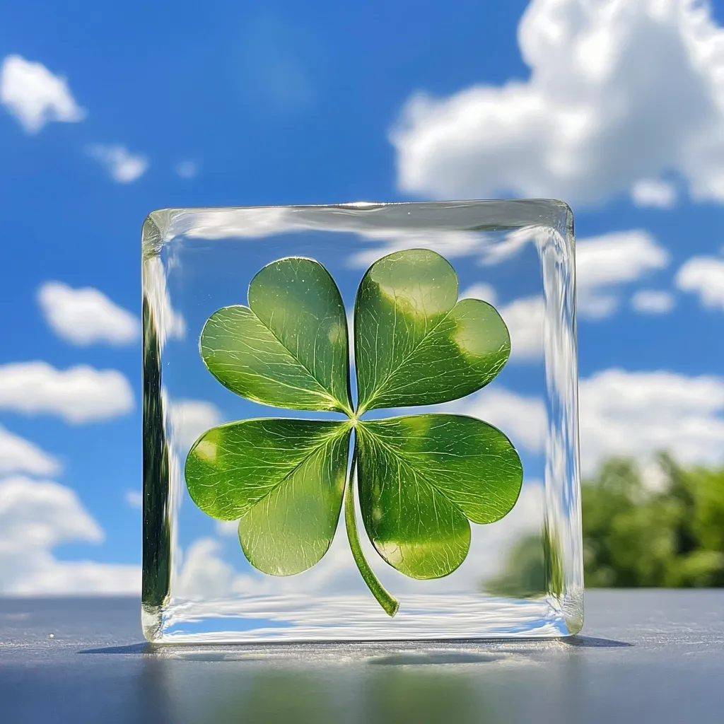 A vibrant green four-leaf clover is encased within a clear, cube-shaped resin block.  The block sits on a dark surface against a backdrop of a bright blue sky dotted with fluffy white clouds.  The clover is sharply in focus, contrasting with the soft, blurred background. The image evokes a sense of luck and good fortune, accentuated by the sunny outdoor setting. The clarity of the resin allows for a full view of the clover's intricate details.