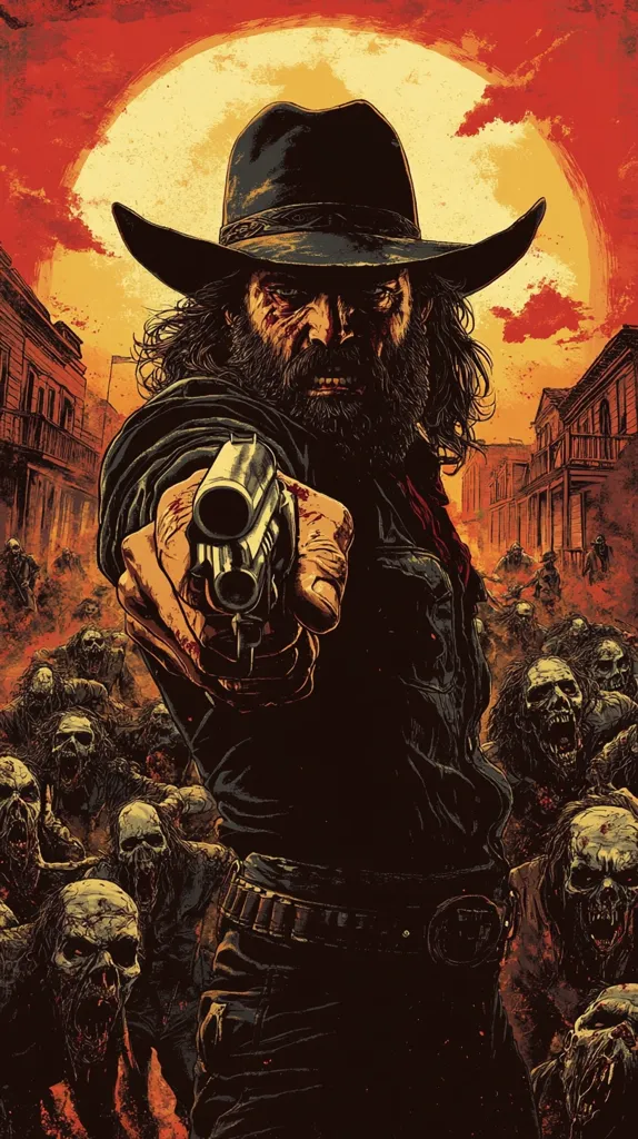 A grizzled, long-haired cowboy, wearing a wide-brimmed hat, dominates the foreground. He points a revolver directly at the viewer, his expression grim.  Behind him, a horde of grotesque, decaying zombies surges through a burning, desolate Western town under a blood-red sun.  The style is dark, gritty, and reminiscent of horror and Western genre art, emphasizing the desperate, violent struggle against overwhelming odds.