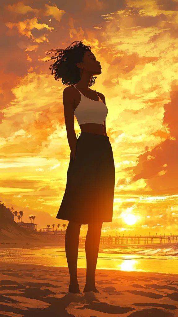 A stylized illustration depicts a young Black woman standing on a beach at sunset.  Her short, curly hair blows gently in the breeze. She wears a white cropped top and a dark, knee-length skirt.  Her posture is relaxed, her eyes closed, suggesting peace and contentment. The warm, golden hues of the sunset paint the sky and reflect on the sand and ocean, creating a tranquil and beautiful scene.  A pier is visible in the distance.