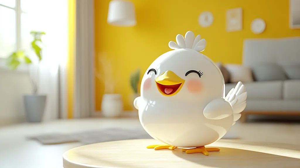 A cheerful, cartoon-style chick figurine sits on a light wooden table.  The chick is white with yellow beak and feet, and rosy cheeks, its expression one of pure joy.  The background is softly blurred, showing a sunlit living room with a yellow wall, gray sofa, and hints of greenery. The overall mood is bright, happy, and peaceful.
