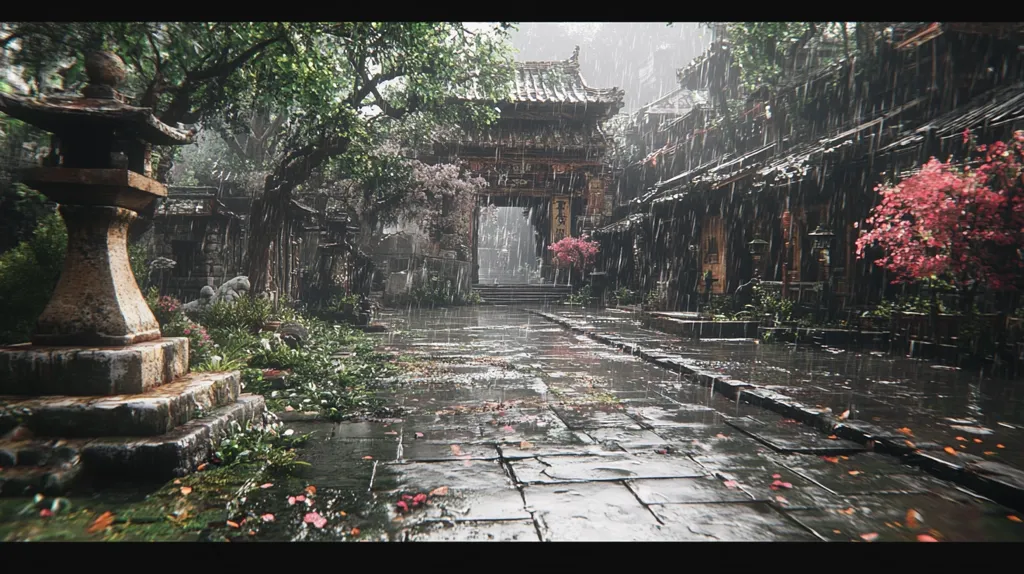 A rain-soaked stone pathway leads through a tranquil, Asian-inspired courtyard.  Ancient-looking buildings with dark wood and ornate roofs line the path. Lush greenery, including flowering trees and bushes, thrives despite the downpour. A weathered stone lantern stands to the left, adding to the serene, almost mystical atmosphere.  The rain creates glistening reflections on the wet stones, enhancing the scene's peaceful mood.