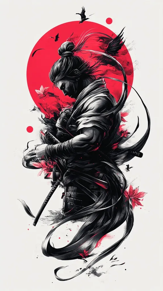 The image is a stylized illustration of a samurai warrior.  Rendered in grayscale with splashes of red, the samurai is depicted in a contemplative pose, his long hair flowing dramatically.  He holds a katana, and his attire suggests traditional Japanese armor. A large red circle, reminiscent of a rising sun, forms the backdrop, further enhanced by scattered black birds and red maple leaves, creating a powerful and evocative visual narrative.  The overall style is dynamic and artistic, suggesting both strength and serenity.