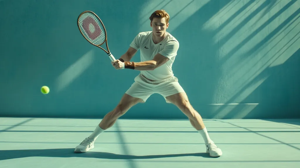 A tennis player, clad in a white tennis outfit, is captured in mid-swing on an indoor court.  The teal walls are bathed in sunlight casting diagonal shadows across the floor.  He holds a classic wooden tennis racquet, and a yellow tennis ball is visible mid-air. The image conveys a sense of dynamism and elegance, emphasizing both the athlete's skill and the aesthetic of the game.