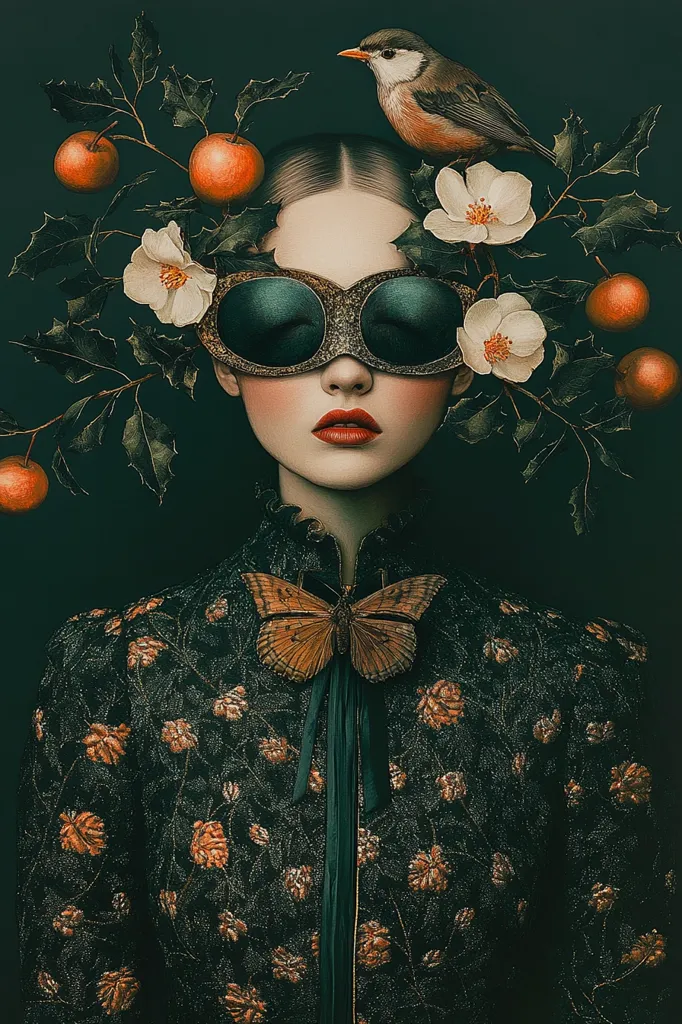A stylized portrait of a woman adorned with nature.  She wears large, dark sunglasses and a dark, floral-patterned dress.  A branch with white blossoms, holly, and small oranges crowns her head, with a small bird perched above. A butterfly brooch rests on her chest. The overall aesthetic is dark, moody, and evocative of Art Nouveau.