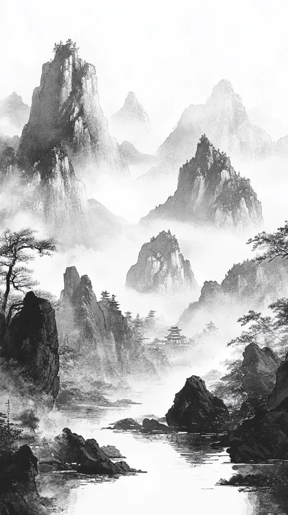 A monochromatic ink wash painting depicts a serene, misty mountain landscape.  Jagged peaks rise from a river, shrouded in soft fog.  Trees cling to rocky outcrops, and a small pavilion is nestled amongst the foothills. The style is reminiscent of traditional East Asian art, emphasizing negative space and the interplay of light and shadow to create a sense of depth and tranquility.  The river meanders through the scene, reflecting the misty mountains.