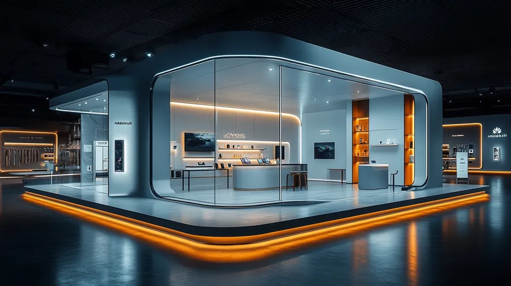 Here is a description of the image:

The image shows a modern, minimalist tech showroom or exhibition booth.  A sleek, curved structure, predominantly grey and white, is highlighted by warm orange LED lighting along its base.  Glass walls offer a clear view of the interior, displaying various electronic devices on shelves and counters.  Brand names, possibly "HUAWEI" and "JOYESS," are subtly incorporated into the design. The overall atmosphere is clean, high-tech, and inviting, indicative of a premium consumer electronics brand.  The flooring is dark and polished, reflecting the ambient lighting.  Adjacent, smaller booths are also visible, suggesting a larger exhibition space.