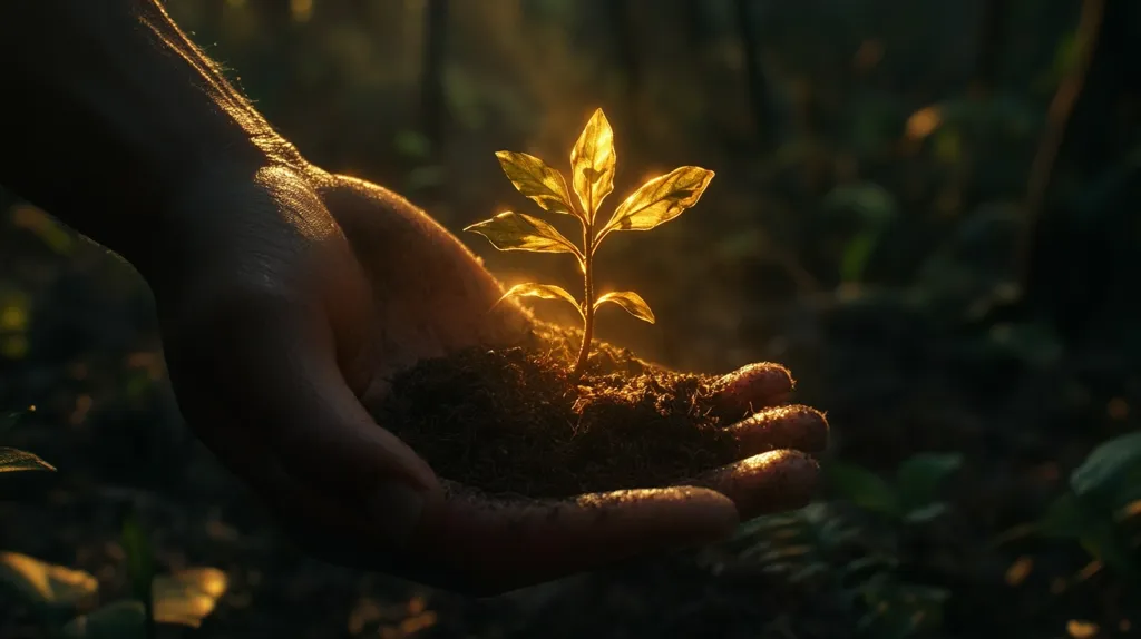 A person's hands gently cradle a small seedling bathed in golden sunlight.  The rich dark soil clings to the plant's roots.  The scene is set in a shadowy forest, emphasizing the contrast between the delicate life in the hands and the surrounding darkness. The image evokes themes of growth, nurture, and the interconnectedness of nature.