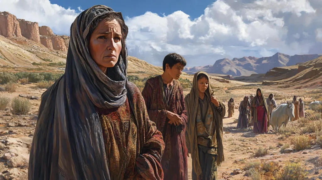 A painting depicts a family and other figures journeying through a desolate, rocky landscape. A woman, centrally positioned, wears a dark grey head covering and a patterned robe, her expression solemn. Beside her are two younger individuals, also in traditional attire. In the distance, a small group of people with animals, including what appears to be a goat, are also trekking across the arid terrain under a partly cloudy sky. The scene evokes a sense of migration or exile in an ancient, possibly biblical, setting. The overall mood is one of hardship and determination.