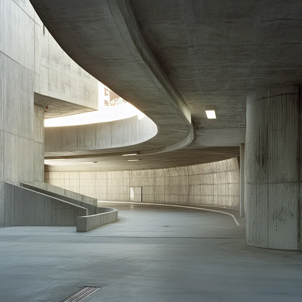 The image showcases a modern, minimalist architectural space. The interior is dominated by smooth, grey concrete, forming curving walls and ceilings that create a sense of flow and depth. A gently sloping ramp or roadway curves through the structure, which appears to be an underground parking garage or similar. The lighting is soft and diffused, highlighting the textures of the concrete and the architectural lines. The overall impression is one of clean, functional elegance.