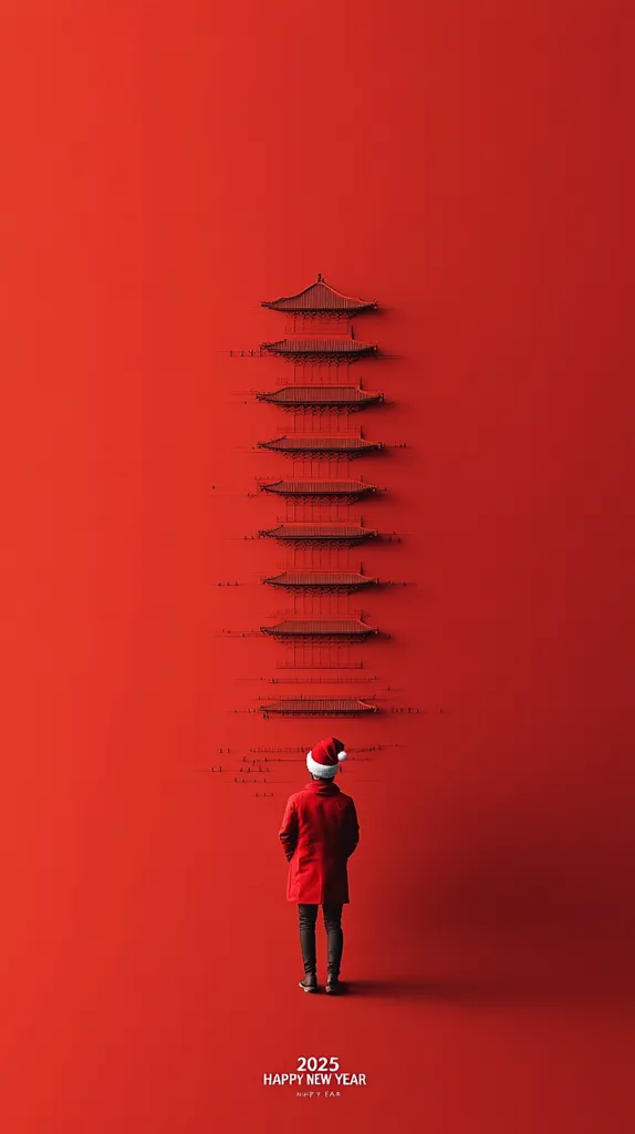 A minimalist New Year's greeting card features a vibrant red background.  A stylized, multi-tiered pagoda is centrally positioned, rendered in a darker red, seemingly etched or embossed into the surface. A small figure, wearing a Santa hat and red coat, stands facing the structure, their back to the viewer. The text "2025 Happy New Year" is subtly placed at the bottom. The overall aesthetic is clean, modern, and subtly festive.