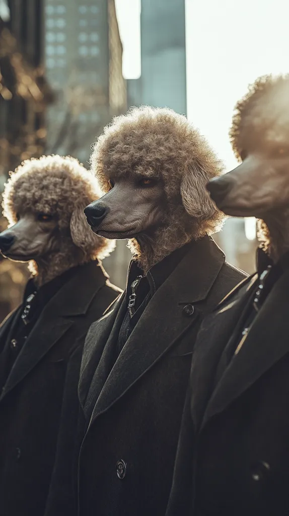 Here's a description of the image:

Three standard poodles are depicted in a captivating image, their fluffy heads seamlessly blended onto the bodies of men dressed in identical black overcoats.  The men stand shoulder-to-shoulder, their expressions serious.  The background features a blurred cityscape, suggesting an urban setting. The lighting is soft, with a gentle backlighting that accentuates the poodles' fur and the texture of the coats. The overall impression is one of sophisticated surrealism.