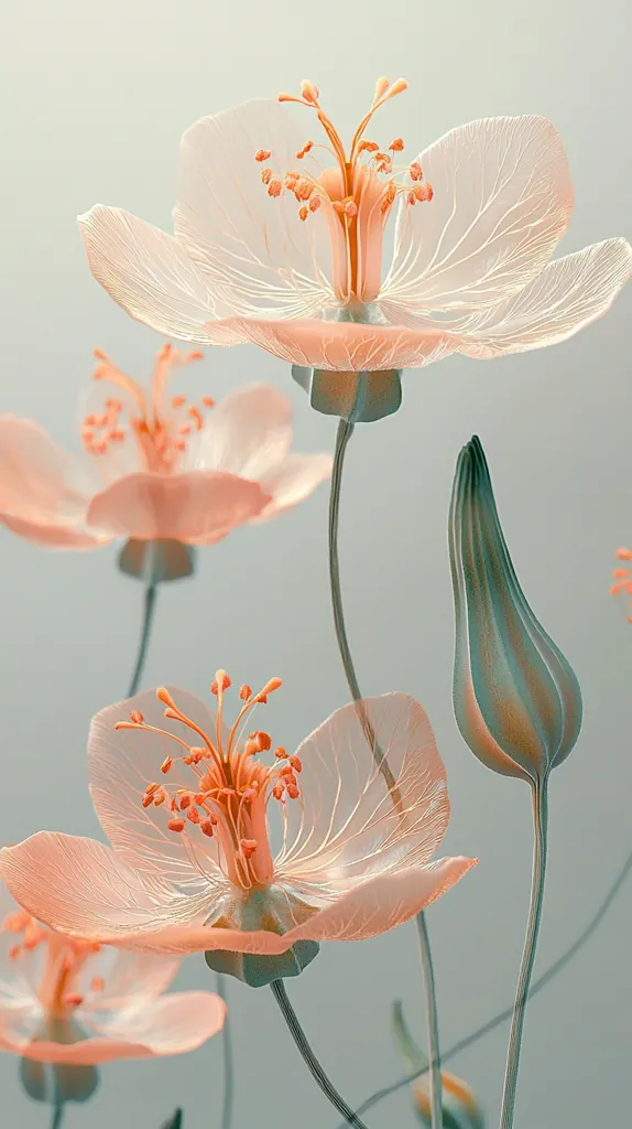 Here's a description of the image:

The image showcases a cluster of delicate, peach-colored flowers against a soft, muted green-gray background.  The flowers have translucent petals, revealing a fine veining structure.  Their stamens are a deeper coral-orange.  One flower is in full bloom, while others are at various stages of opening.  The stems are a muted teal, adding a cool contrast to the warm flower tones. The overall aesthetic is serene and ethereal, suggesting a stylized or digitally enhanced botanical illustration.  The lighting is soft and diffused, enhancing the delicate quality of the subject.