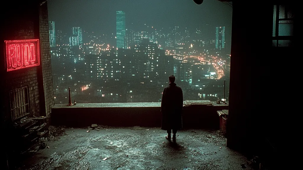 Here is a description of the image:

The image is a nighttime cityscape viewed from a dilapidated rooftop. A lone figure in a long dark coat stands with their back to the camera, gazing out at a sprawling city filled with countless lights. A red neon sign, partially visible and seemingly displaying numbers, is affixed to the brick wall to the left. The overall atmosphere is dark and moody, with a gritty, cinematic quality suggestive of a film still.  The urban landscape stretches out before the viewer, a mix of tall buildings and smaller structures, hinting at a dense and possibly futuristic setting. The color palette is dominated by greens, blues, and blacks, with the red of the sign acting as a stark contrast.