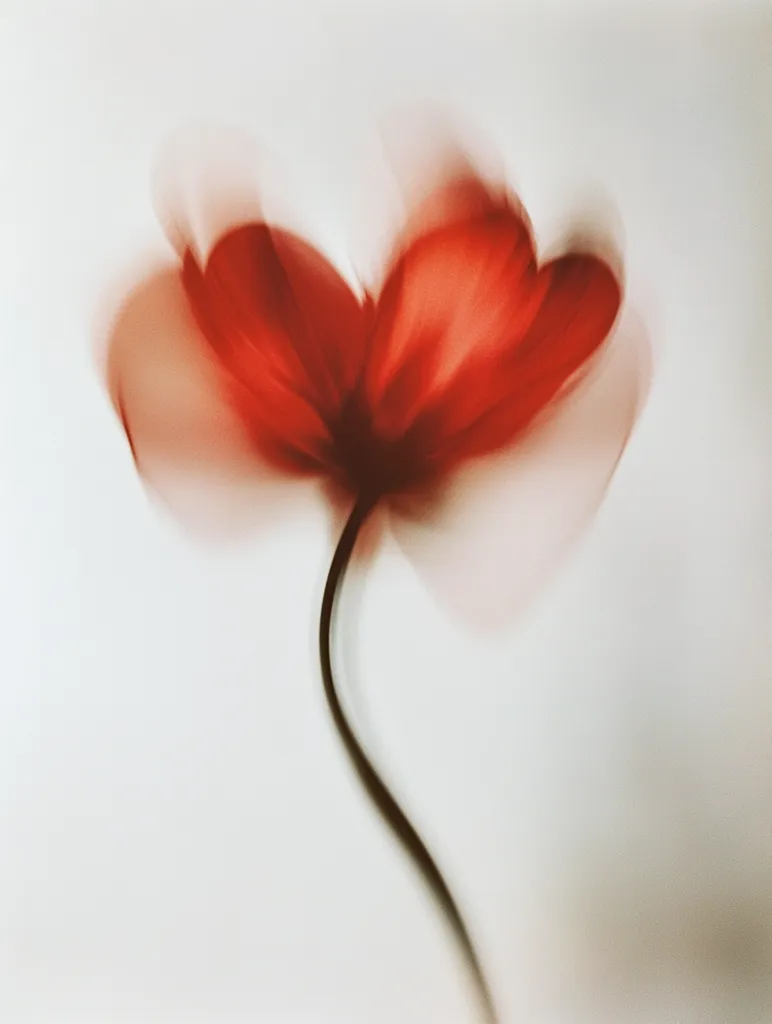 The image is an abstract close-up of a red flower, possibly a poppy, against a white background. The flower is depicted with a motion blur effect, creating a soft, ethereal quality. The petals are rendered in shades of red, transitioning from a darker hue at the center to lighter shades at the edges. The stem is dark and curves gracefully. The overall impression is one of delicate beauty and gentle movement. The blurred style suggests a sense of fleeting time or ephemeral nature.