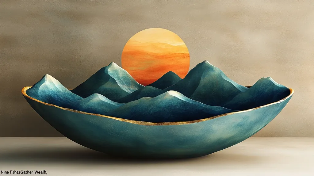 A teal-colored, sculpted bowl resembles a mountain range at sunset.  The bowl's interior is shaped like peaks and valleys, culminating in a gold-trimmed edge.  Behind the bowl, a large, warm-toned circle representing the sun adds a striking contrast against a muted background.  The piece is both artistic and functional, with a focus on natural forms and serene colors.  The image caption reads "Nine Fishes Gather Wealth," hinting at cultural symbolism.