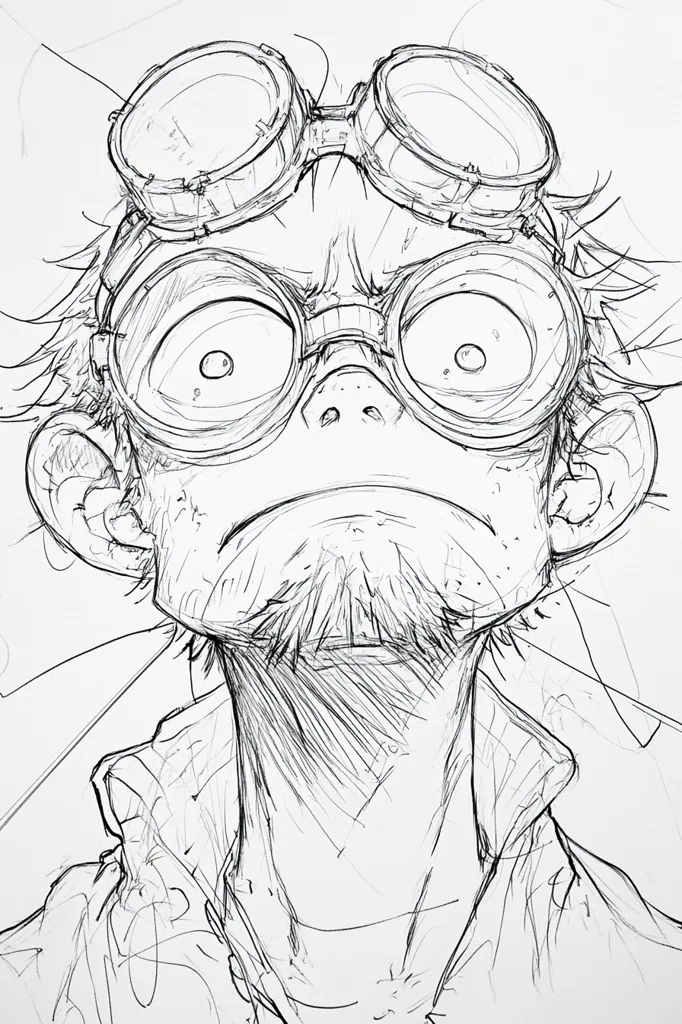 Here's a description of the image:

The sketch depicts a close-up of a person's head and shoulders, rendered in detailed ink lines. The subject appears to be a young man with a somewhat mischievous expression.  He wears large, round goggles that obscure a portion of his face, emphasizing his wide eyes. His hair is somewhat spiky and unkempt, and he has a short, lightly sketched beard. The style is reminiscent of comic book or graphic novel illustration, with a focus on dynamic linework and expressive features. The background is lightly sketched, indicating a work in progress.