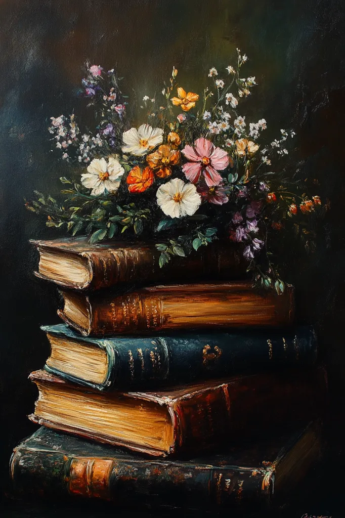 Here's a description of the image:

A still life oil painting showcases a vibrant bouquet of wildflowers — cosmos, daisies, and other delicate blooms in shades of pink, white, orange, and purple — nestled atop a stack of antique books. The books, various sizes and hues of deep brown, teal, and gold, exhibit wear and texture, suggesting age and well-loved stories. The dark background enhances the rich colors of both the flowers and the aged books, creating a mood of quiet contemplation and gentle beauty. The artist's signature is subtly placed in the bottom right corner. The overall style is reminiscent of classic still life paintings.