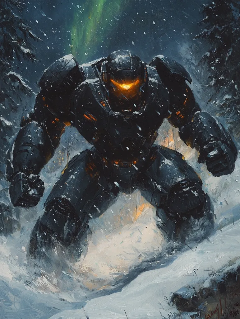 A colossal, dark gray mech stomps through a snowy, forested landscape.  Snow falls heavily as the mech, with glowing orange eyes, powerfully moves forward. The background features a dark, nighttime sky with hints of aurora borealis. The artwork's style is painterly, emphasizing texture and movement in the snow and the mech's imposing form. The overall mood is one of powerful, solitary might in a harsh, wintry environment.