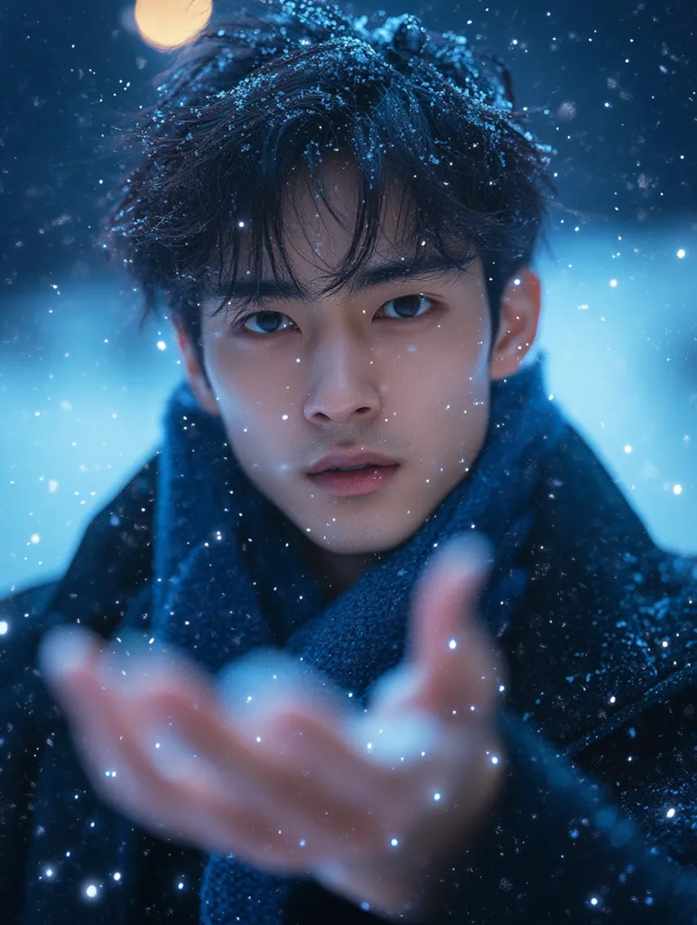 Close-up of a young man with dark hair dusted with snow, his face partially obscured by a dark blue scarf.  He's outdoors in a snowy environment, illuminated by soft, cool light. His expression is serene, almost pensive, as he gently cups a handful of falling snow. The overall mood is ethereal and romantic, with the snowy backdrop adding to the dreamy atmosphere. The image has a slightly blurred, dreamlike quality.