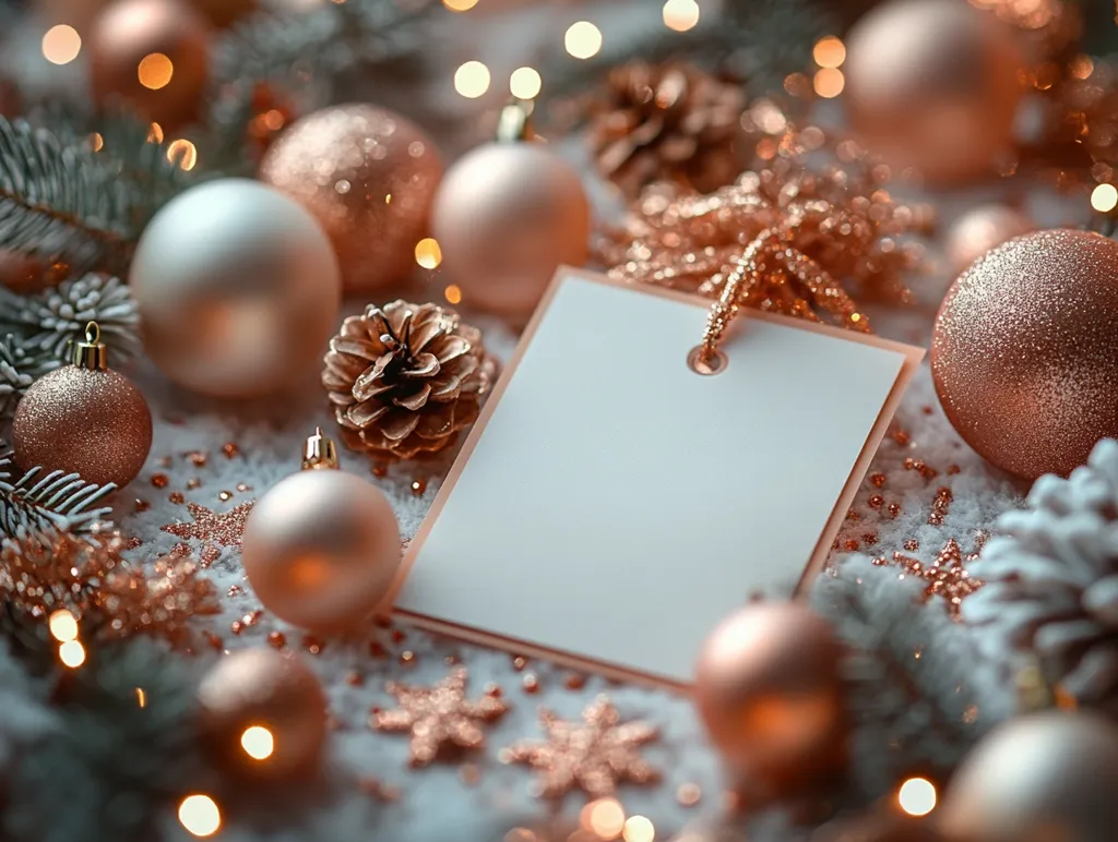 A blank gift tag rests on a bed of rose gold and white Christmas ornaments, pine cones, and sparkling snowflake decorations. Soft, warm lighting creates a festive glow.  The scene is cozy and elegant, suggesting a luxurious and understated Christmas aesthetic.  The untouched tag invites personalization, adding to the image's charm.