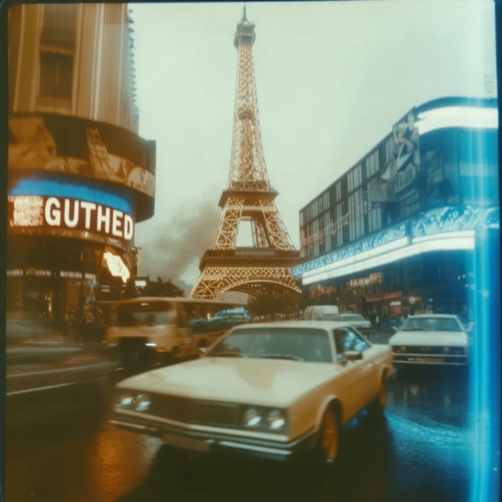 Here's a description of the image:

The photograph, possibly a vintage slide, depicts a nighttime city scene with a miniature Eiffel Tower prominently featured in the background.  The tower is illuminated, creating a warm glow against the slightly hazy sky.  In the foreground, a yellowish-beige classic car is in focus, surrounded by blurred traffic.  Brightly lit buildings with neon signs, including one partially visible sign that reads "GUTHED," line the streets. The overall atmosphere suggests a bustling, possibly touristy, urban environment with a playful juxtaposition of Parisian iconography in an unfamiliar setting. The image has a faded, nostalgic quality, typical of older photographs.