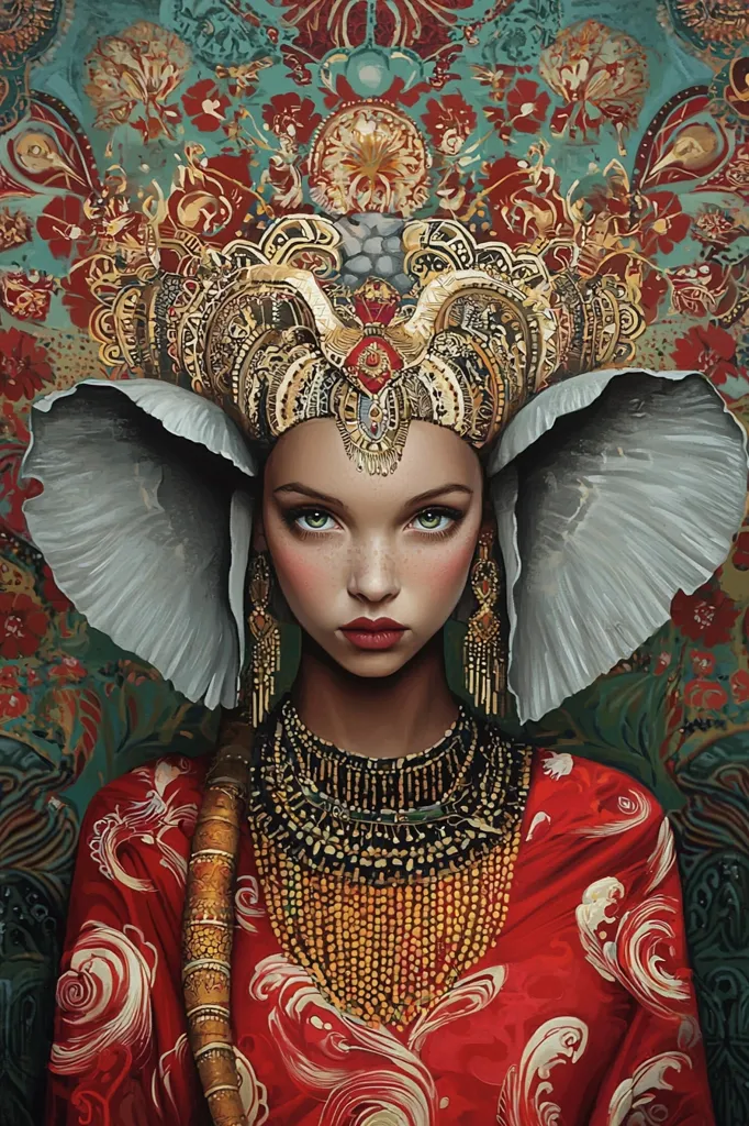 The painting depicts a regal woman adorned in elaborate, ornate attire.  Her headpiece is a magnificent structure resembling an elephant's head, crafted from gold and embellished with intricate detailing.  She wears a vibrant red dress with a wave pattern, complemented by a heavy, multi-stranded gold necklace. Her expression is serious and captivating, her green eyes striking against her fair skin. The background is a rich tapestry of swirling floral patterns in deep reds and greens, enhancing the overall majestic and opulent feel of the artwork.