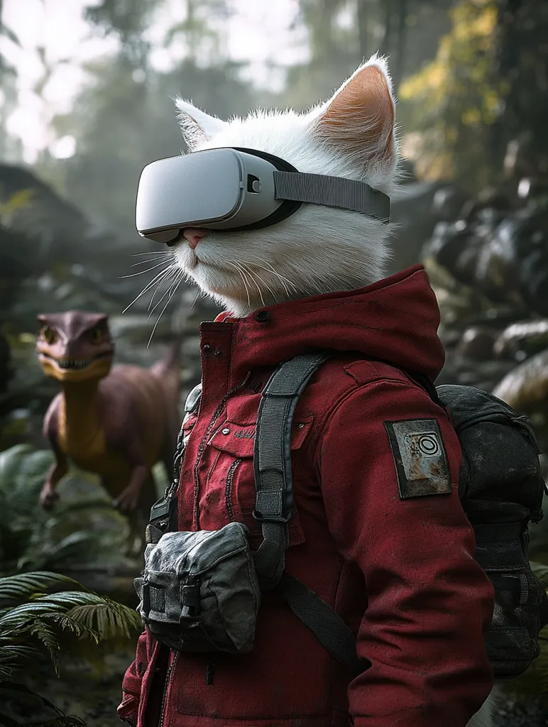 A white cat, wearing a red jacket and backpack, is immersed in a virtual reality experience.  A VR headset covers its eyes, and it appears to be exploring a lush, prehistoric-looking environment.  A small dinosaur is visible in the blurry background, suggesting the VR setting. The image is digitally created, with a photorealistic style emphasizing detail in the cat's fur and the surroundings.