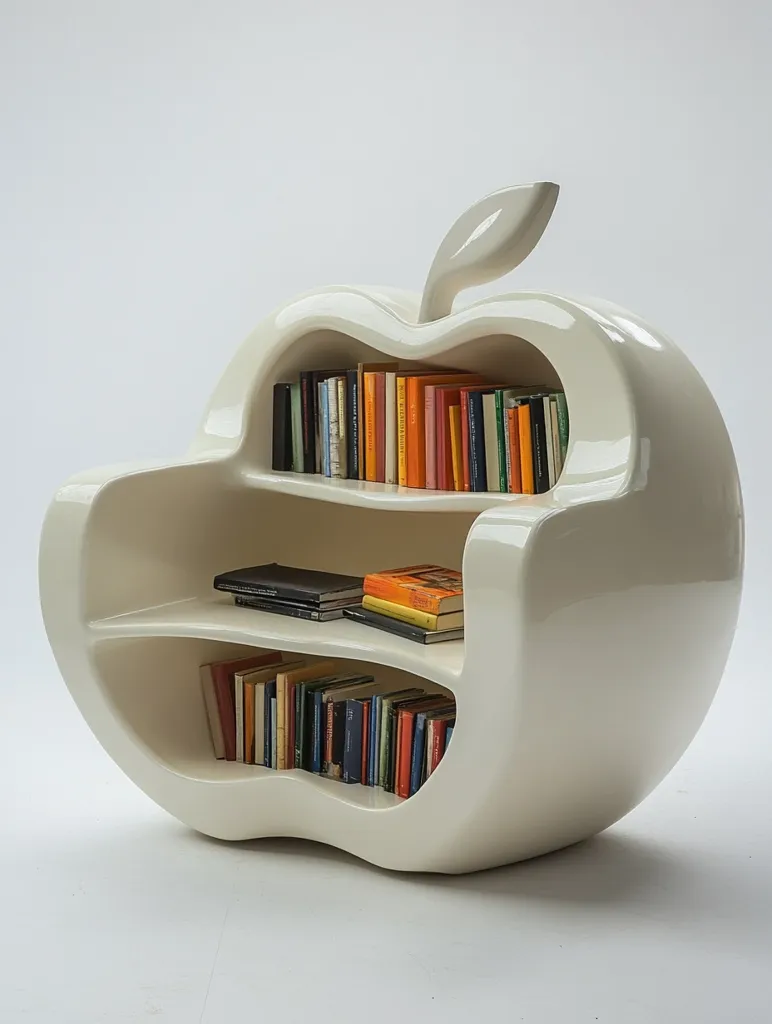 This image shows a unique off-white bookshelf shaped like an apple.  The glossy, sculpted form features three recessed shelves holding a colorful collection of books. The apple stem acts as a decorative element atop the smooth, curved design.  The bookshelf offers a playful and stylish way to store and display books, standing out with its unconventional design.