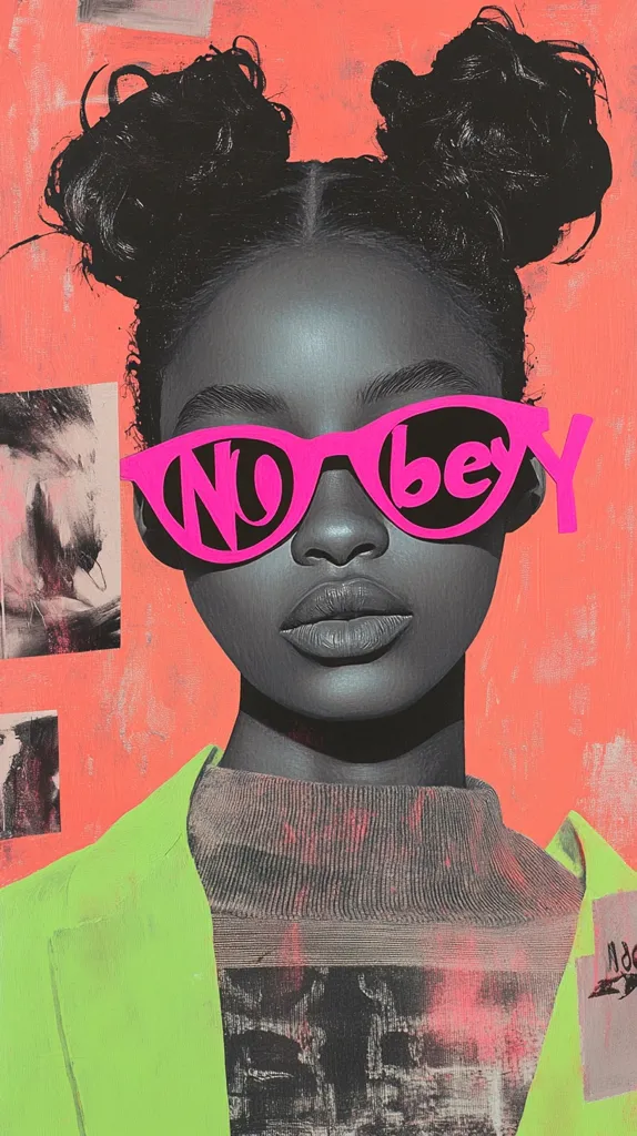 The image is a stylized portrait of a young Black woman.  She has her dark hair styled in two high buns and wears bright pink sunglasses with the words "NObey" prominently displayed. Her expression is serious and direct. She's dressed in a lime green jacket over a dark gray turtleneck. The background is a textured coral orange with collaged elements suggesting a photo montage. The overall style is bold, graphic, and slightly rebellious.