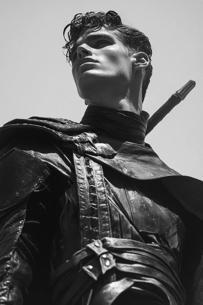 Here's a description of the image:

The black and white photograph features a young man, his head tilted upward, against a bright, cloudless sky. He wears a dark, textured leather outfit with a high collar and intricate, strapped detailing suggesting a warrior or fantasy character. A long, slender staff or weapon rests across his shoulder. His expression is serious, almost pensive, and his hair is styled in a slightly tousled, textured cut. The lighting accentuates his strong facial features and the texture of his clothing. The overall mood is dramatic and heroic.