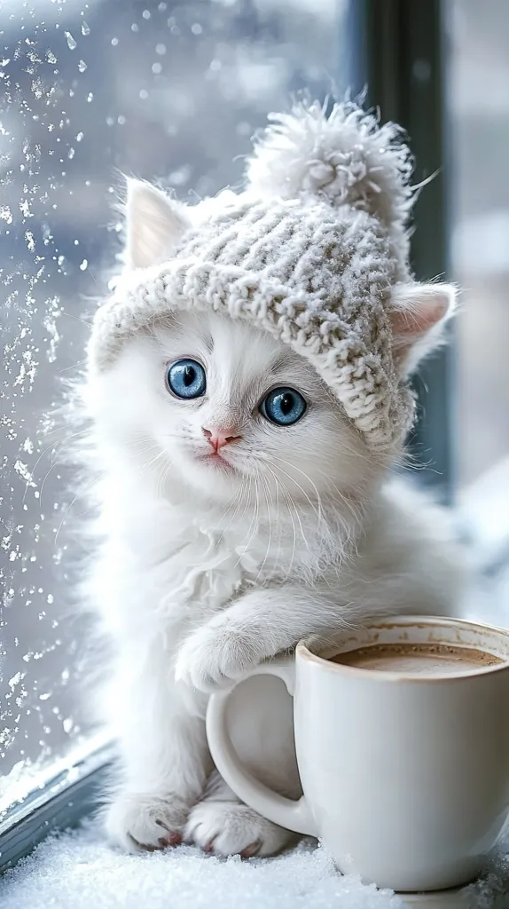 A fluffy white kitten with striking blue eyes wears a cozy, knitted white hat.  It sits on a snowy windowsill, gazing outward at a softly falling snow.  The kitten's paws rest on a large, white mug filled with a warm brown beverage, creating a heartwarming winter scene. The overall mood is serene and peaceful.