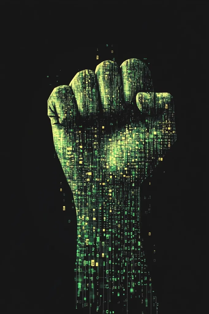 The image depicts a raised fist formed from a cascade of green and yellow digital code. The fist is sharply defined against a black background, with the code trailing down from the wrist, creating a flowing, dynamic effect. The color palette is dark, with the glowing digital elements providing a stark contrast. The overall impression suggests the power and potential of digital technology, possibly symbolizing digital activism or technological advancement.