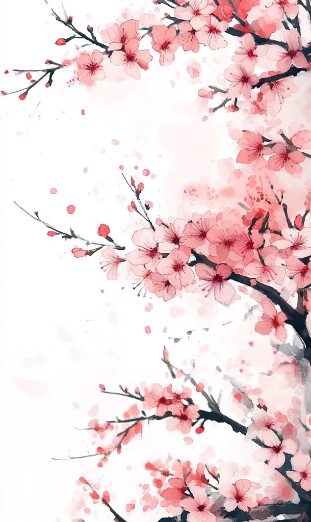 The image is a watercolor painting of cherry blossoms.  Delicate pink flowers cluster along dark branches, rendered in a style that suggests both realism and artistic interpretation.  The background is a soft white with subtle watercolor washes, creating a gentle, ethereal atmosphere.  Falling petals add to the sense of movement and springtime fragility. The overall impression is one of beauty and serenity.