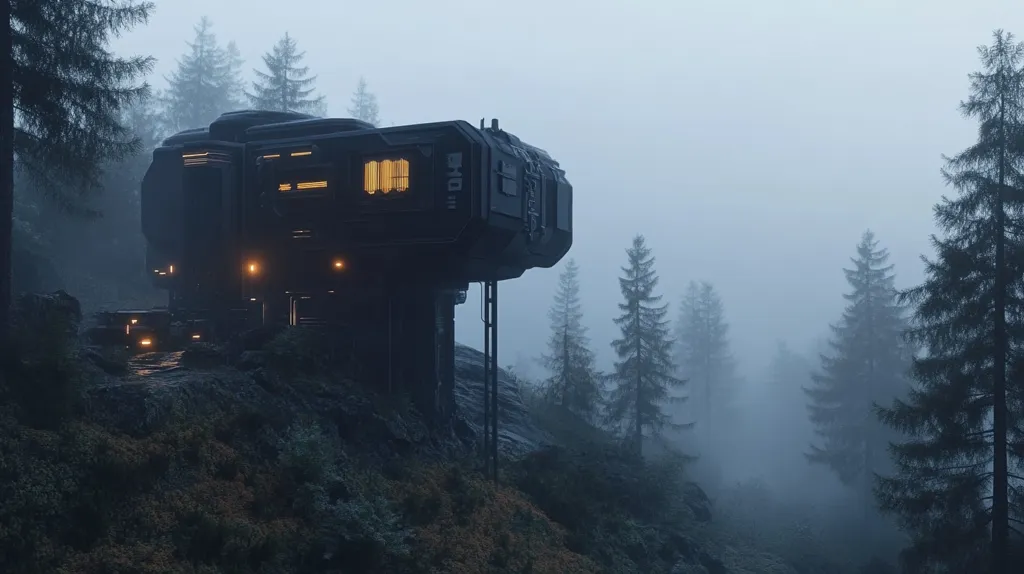 A futuristic, dark gray structure, possibly a house or research station, perches on a rocky hillside amidst a dense, foggy evergreen forest.  Soft, warm interior lights glow from within the angular, metallic building.  The scene is shrouded in mist, creating a mysterious and isolated atmosphere, suggestive of a remote, technologically advanced outpost in a wild, natural setting.  The overall mood is one of quiet solitude and technological contrast within nature.