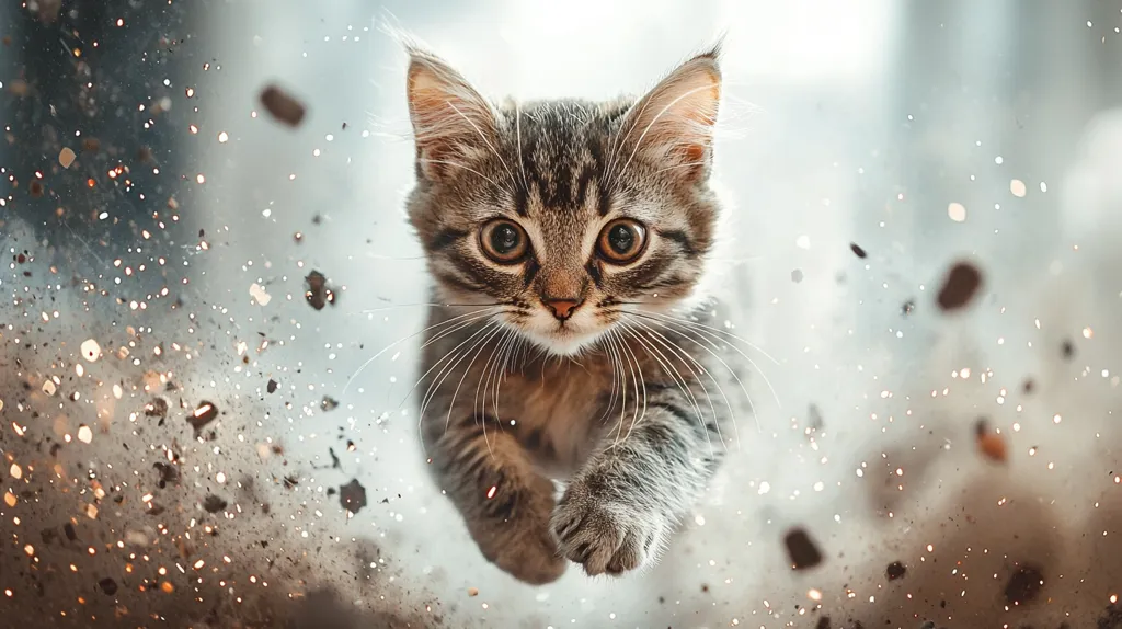 Here's a description of the image:

The photograph features a captivating tabby kitten in mid-leap, its gaze directed straight at the viewer. The kitten's expression is alert and curious, its large eyes wide.  It appears to be moving through a burst of brown dust or particles, creating a dynamic and slightly surreal effect. The background is softly blurred, emphasizing the kitten as the focal point. The overall tone is light and airy, with a hint of magical realism due to the motion blur and dust particles.
