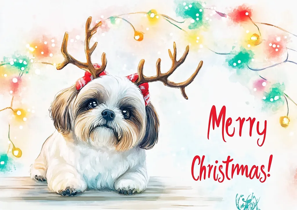 A watercolor painting depicts a fluffy Shih Tzu puppy wearing reindeer antlers and a red bandana.  The adorable dog lies on a light wood surface, nestled within a whimsical background of colorful, blurry Christmas lights and snowflakes. The words "Merry Christmas!" are written in festive red script. The overall style is charming and festive, ideal for a Christmas card.