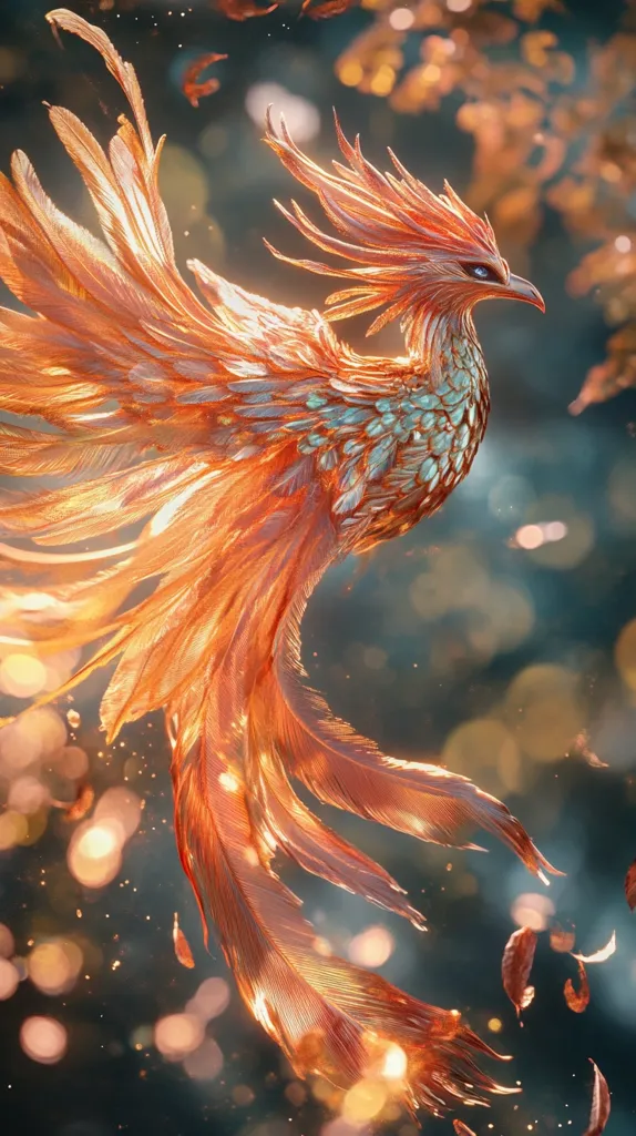 A digital artwork depicts a phoenix in flight. Its plumage is a vibrant, metallic copper-orange, with individual feathers appearing almost sculpted.  The bird's body is sleek, contrasting with the expansive, flowing tail feathers.  The background is a blurred, dark teal, speckled with bokeh-like lights, suggesting a magical or ethereal setting.  Shedding feathers add to the dynamic sense of motion. The overall effect is one of majestic beauty and otherworldly grace.