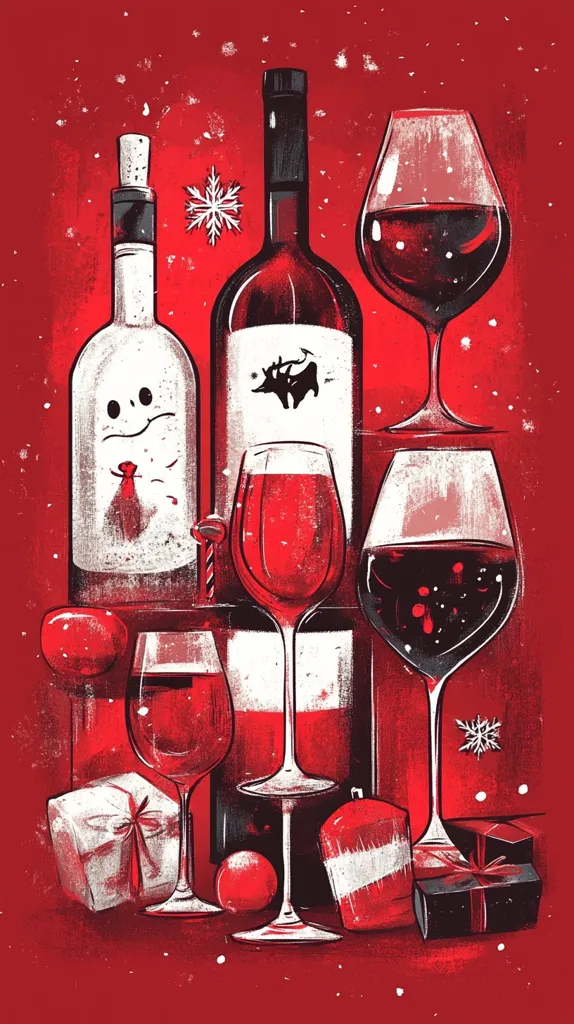 A festive illustration depicts a Christmas wine-tasting arrangement on a red background.  Several wine glasses, filled with red wine, are grouped around two wine bottles; one is a white wine bottle with a whimsical snowman design, the other a red wine bottle featuring a bull graphic.  Smaller glasses and presents add to the holiday scene, accentuated by snowflakes scattered across the backdrop.  The style is bold, graphic, and reminiscent of vintage holiday advertising.